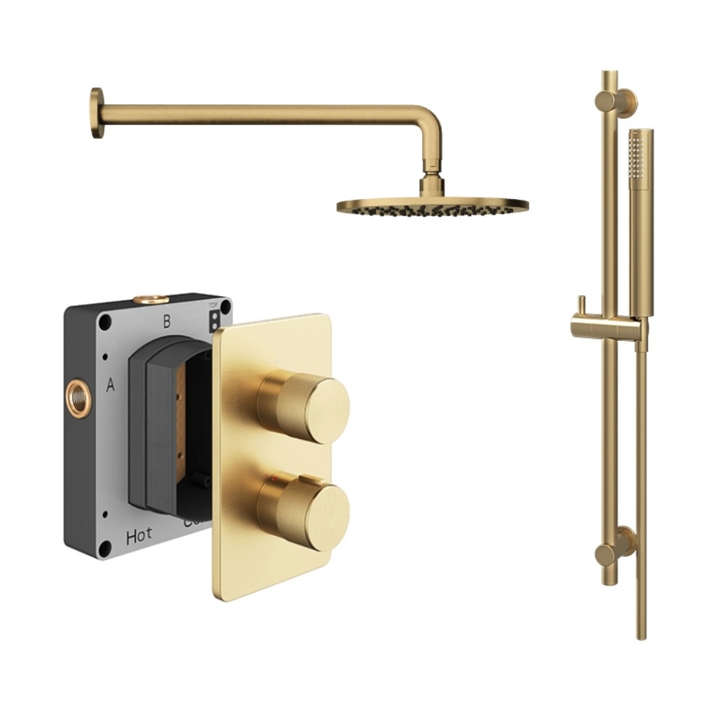 Product Cut out image of the Abacus Iso Pro Brushed Brass 2 Outlet Shower Pack with Fixed Head & Slide Rail